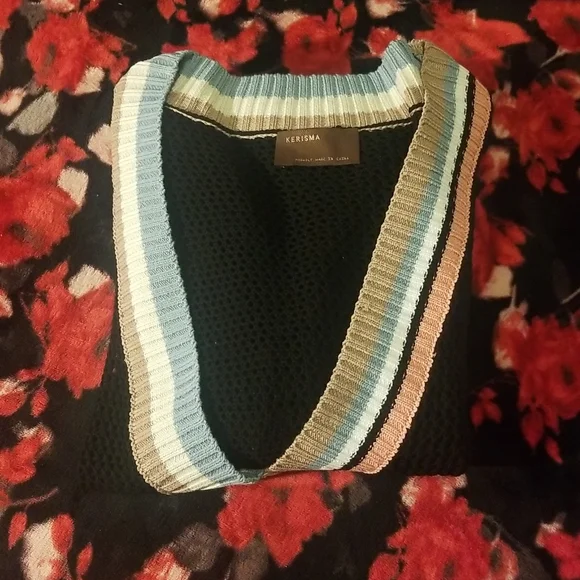 Nordstrom's KERISMA Rica Black Mesh Sheer Top. Earth Tones accent V-Neck - Picture 13 of 15